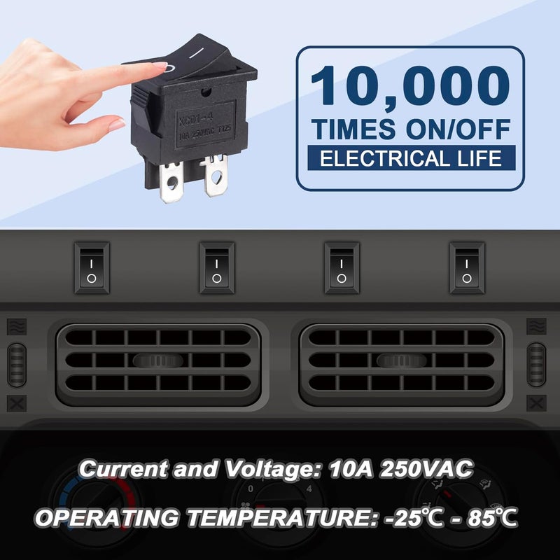VEXUNGA Mini Rocker Switch On Off 4 Pin 2 Position 10A 250V Black Boat Rocker Toggle Switch KCD1 SPST Snap-in Square Switches for Car Marine Home Appliances (Pack of 10pcs) - Image 4